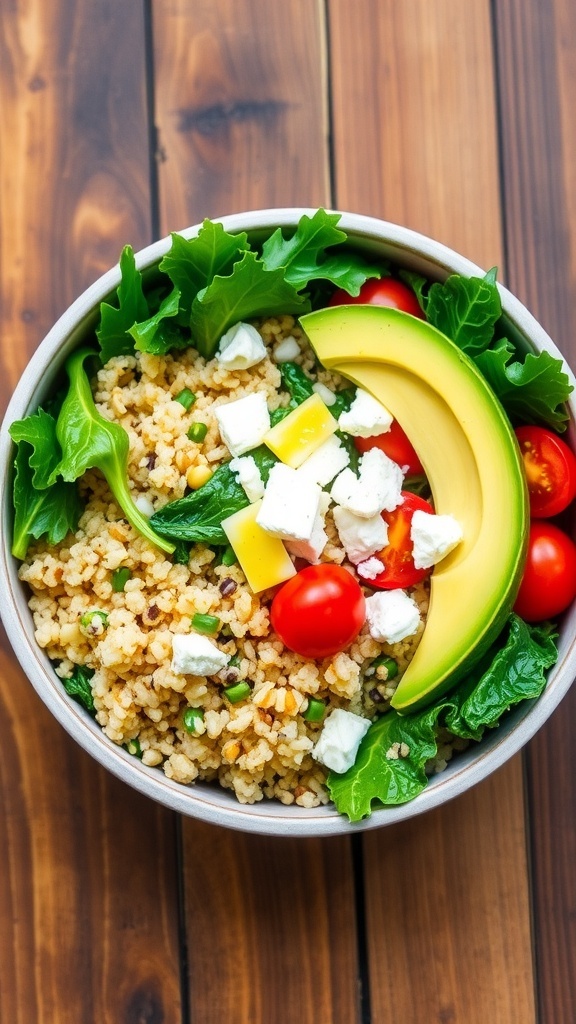 A nutritious quinoa kale bowl with quinoa, kale, cherry tomatoes, and avocado, garnished with lemon vinaigrette.